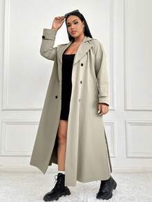 SHEIN EZwear 大码女式纯色翻领长袖双排扣长款休闲风衣夹克，秋季 - 卡其色 - 查看 3