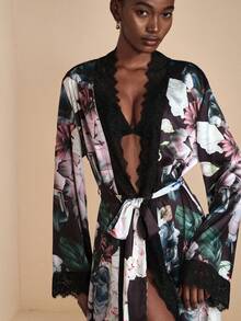 JIAN LASALA Floral Print Satin Silk-Like Elegant Women Loose Maxi Robe With Lace Trim Long Bell Sleeves Luxury Stylish Clothing Collection Floral Robe Curve Robe Mesh Robe Robe Long Sleeve Long Sleeve Robe Women Floral Robe Long Robe - Multicolor - View 7