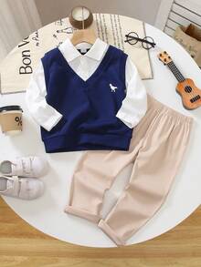 SHEIN 2pcs/Set Young BoyTextured Knit Sweater With Mock Neck And Graphic Tee, Casual Cargo Pants Outfit, Suitable For School, Autumn/Winter