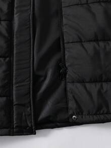 1pc Black Long Casual Style Black Stitching Crafted Long Sleeve Straight Hem Hooded Fur Collar Thick Winter Commute Daily Warm Fashion Versatile Girls Padded Coat - Black - View 6