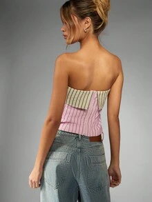 MISSGUIDED Áo crop top không dây sọc hai tông màu mùa hè xuân thường ngày nghỉ dưỡng bãi biển lễ hội không tay - Bụi hồng - Xem 2