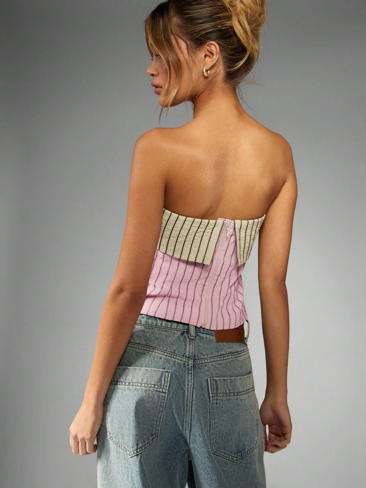MISSGUIDED 스트랩 없는 밴도 크롭 탑 핀스트라이프 투 톤 여름 봄 캐주얼 휴가 비치 리조트 페스티벌 민소매