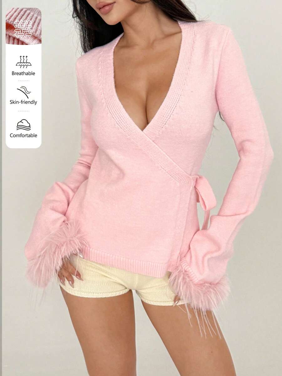SHEIN MOOSTA Áo khoác len cardigan buộc dây màu trơn thời trang dành cho nữ, Thu/Đông - Hồng - Xem 1