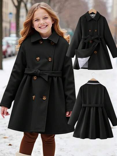 SHEIN Abrigo largo de color liso y sencillo para niñas preadolescentes con solapa, adecuado y cálido para otoño e invierno, uso diario, ocasión casual, vuelta al colegio