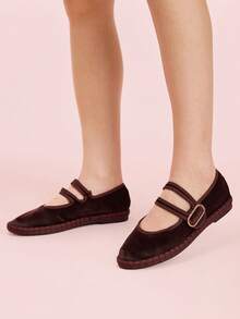 CUCCOO DOLLMOD Women's Dark Brown Elegant Velvet Classic Comfortable Velvet Parallel Double Strap Mary Jane Flat Shoes Spring Shoes - Brown - View 7