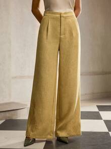ZEYLAH Pantalones anchos con bolsillo bordado con flores elegantes y de moda para mujeres - Amarillo - Ver 2