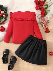 SHEIN Elladie kids Young Girls Cute Black Ribbed Long Sleeve Top Paired With Bow Decor Split Hem Skirt, Autumn/Winter T-Shirt Set
