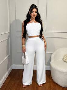 SHEIN SXY Damen Große Größen 3D Blumen Dekor Trägertop und weite Hose modisches 2-teiliges Set - Weiss - Übersicht 5
