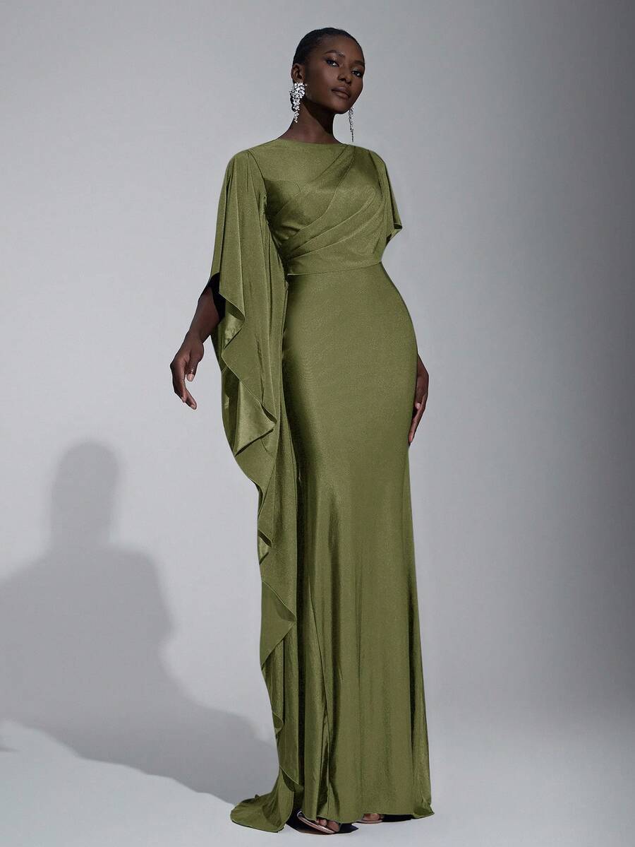 Elitara Elegante y lujoso vestido de dama de honor con abertura y volantes en las mangas, de satén azul marino - Verde militar - Ver 1