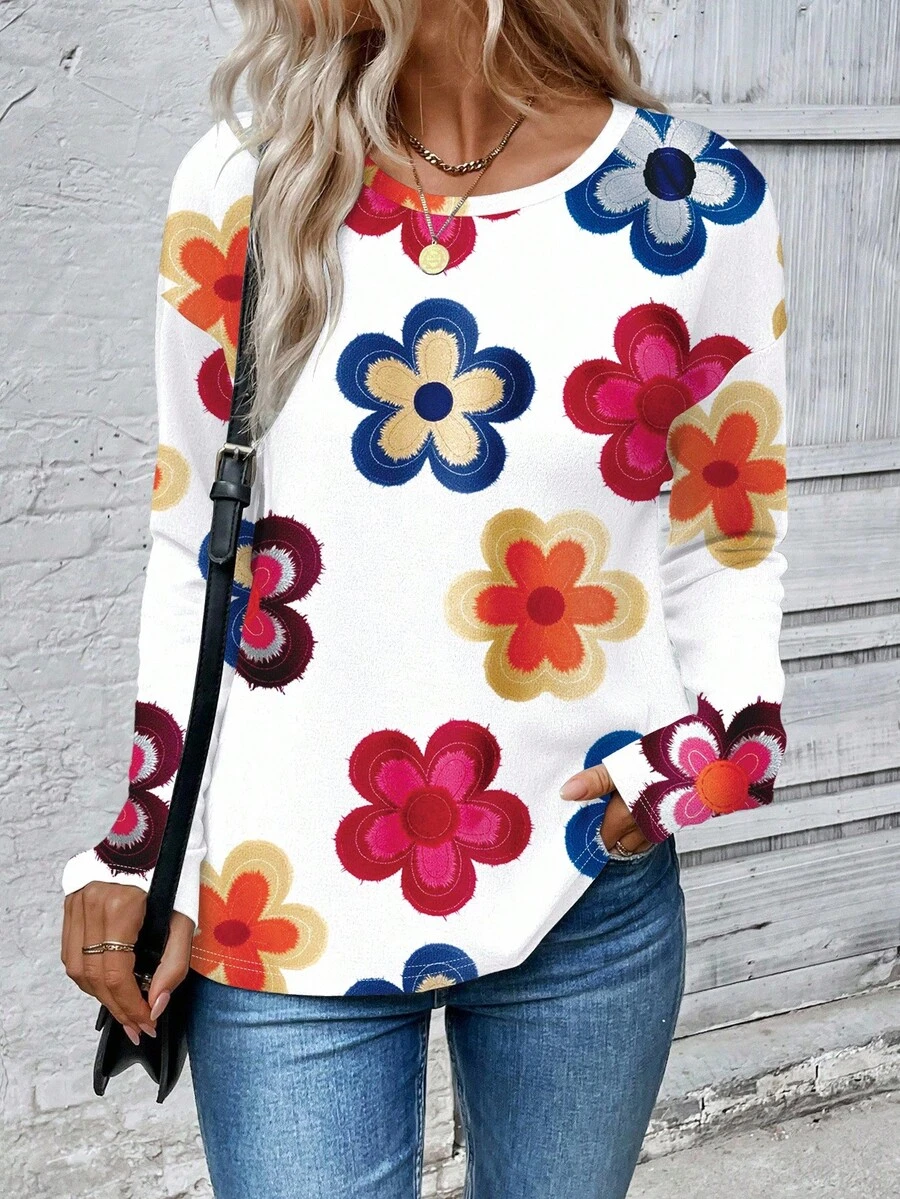 EMERY ROSE Camiseta casual versátil de manga larga con cuello redondo y estampado floral grande, nueva llegada de otoño/invierno para mujer - Multicolor - Ver 1