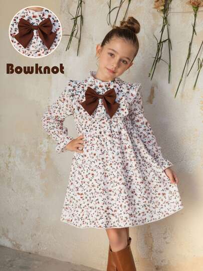 SHEIN Emery Rose Kids Young Girls Cute Vacation Casual Apricot Floral Pattern Bowknot Long Sleeve Loose Dress, Autumn Floral Dress Fall Dress For Girl Autumn Dress Kids Tween Girls Dress Ivory With Burnt Red Accents Girl's Spring And Autumn Dress Chic Toddler Girl Smocked Floral Dress With Oversized Bow And Ruffle Detailing Long Sleeve Kids Autumn Wear Girls Autumn Smocked Ruffle Collar Floral Dress With Big Bow Long Sleeve Cute A-Line Frock Bow Dress For Girls Girls Autumn Bow Print Dress Floral Pattern Girl Dress
