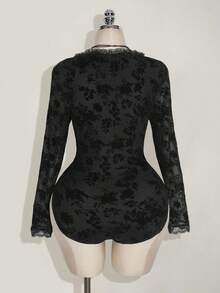 SHEIN ICON Plus Size Women V-Neck Flocked Mesh Long Sleeve Bodysuit - Black - View 2