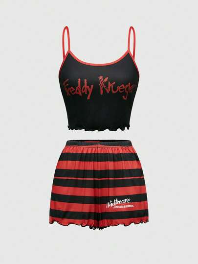 A Nightmare on Elm Street X ROMWE Casual Letter Graphic Cami Top & Striped Shorts Pajama Set For Women