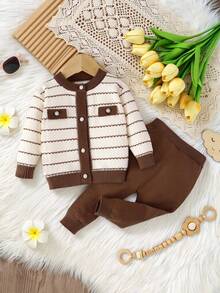 SHEIN Playful Pals 2pcs Baby Girl Casual Cute Long Sleeve Striped Faux Pocket Knit Cardigan And Knit Pants Set, Suitable For Daily Outings And Travel