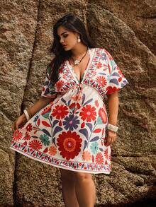 Swim Vcay 大码女式花卉植物印花 V 领性感连衣裙 - 橘色 - 查看 4