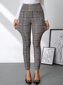 Ellevyn Quần dệt kim cạp cao màu đen trắng họa tiết kẻ caro thanh lịch dành cho nữ, mùa hè - Cà phê nâu - Xem 5