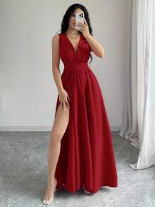 Rafferiza 性感露背高开衩长款礼服新年服装超长女士服装