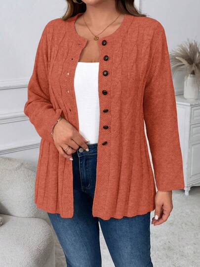 Cárdigan de punto casual de manga larga con patrón de cable de unicolor para mujer de talla grande, otoño/invierno