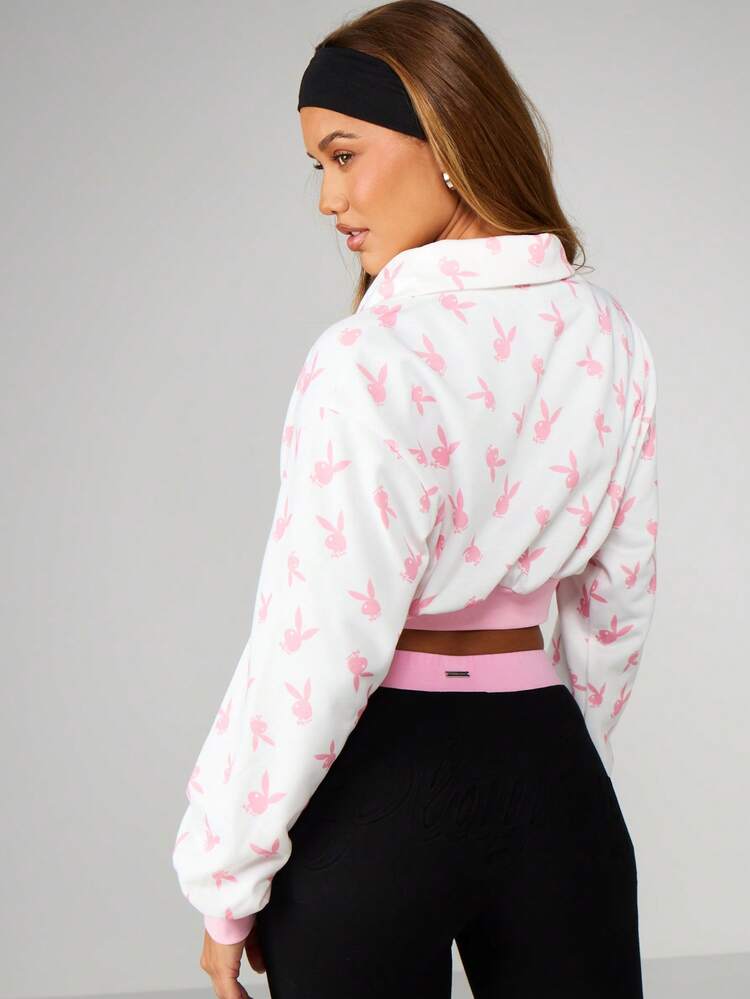 Missguided x Playboy Moletom Cropped com Estampa de Coelho, Manga Longa, Zíper Parcial, Casual, Streetwear, Moda Primavera, Outono e Inverno
