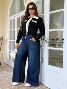 Flexra Plus Size Women Elastic Casual Straight Leg Jeans Date Night Navy Blue Summer - Dark Wash - View 6
