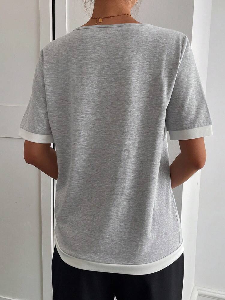 Women's Summer Grey Short Sleeve Casual Regular Shoulder Loose Fit T-Shirt