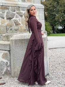 Jeta Ari Váy dài tay cổ cao màu đỏ thanh lịch cho nữ, thích hợp cho buổi tối hẹn hò, dạ hội, mùa thu/đông - Cà phê nâu - Xem 4