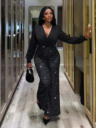 Xyvia Autumn/Winter Elegant Women's V-Neck Loose Pleated Belted Sequin Jumpsuit, Suitable For Party, Christmas, Halloween, New Year, Dating, Commuting, Vintage Style