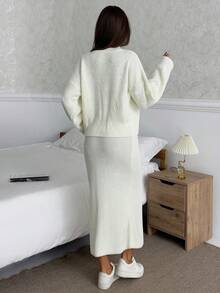 EURMUSE 女士套头毛衣和修身长裙两件套套装 - 白色 - 查看 6