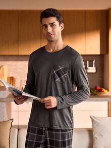 Provexi Provexi Plus Size Men's Comfortable Plaid Pocket Long Sleeve Top And Pants Pajama Set, Autumn, Christmas - Dark Grey - View 4