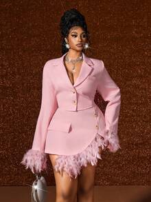 Maweii 2pcs/Set Fashionable Pink Plush Blazer Jacket Paired With Blazer Skirt - Pink - View 4