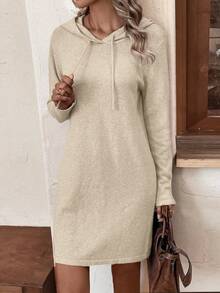 EMERY ROSE 女式休闲纯色长袖抽绳连帽针织连衣裙，秋季 - 杏色 - 查看 5