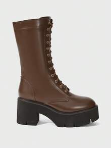 Sugerpunk 女士时尚棕色厚底摩托车中筒靴，街头风格 - 棕色 - 查看 3