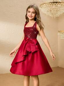 Tween Girl' Spaghetti Strap Dress With Bow, Ruffle Hem & Sequin Patchwork, Elegant & For Halloween, Christmas, Party - Red - View 6