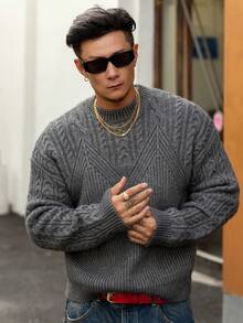 DAZY Men's Solid Dark Gray Textured Knit Sweater, Autumn - Dark Grey - View 6