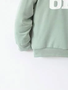 SHEIN Explorewe 小男孩百搭圆领长袖兄弟字母印花卫衣，百搭秋冬 - 綠色 - 查看 3