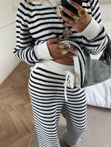 SHEIN EZwear Women's Black And White Striped Casual Sweater Set Two Piece Set Women Comfy Striped Two Piece Set Striped Lounge Set - Black and White - View 3