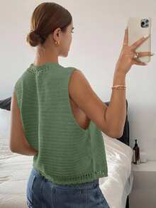 SHEIN Frenchy 秋冬女士纯色单排扣V领休闲针织背心 - 墨綠色 - 查看 2