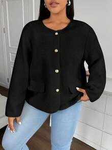 Flirla Plus Size Women Plain Color Long Sleeve Single Breasted Casual Loose Jacket For Autumn, For Winter Fall Cloth For Women - Black - View 4