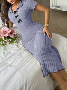 SHEIN Váy dệt kim màu tương phản đính nơ thanh lịch, đồ mặc nhà cho nữ - Bụi tím - Xem 3