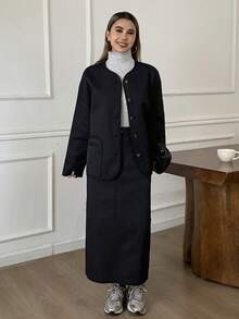 DAZY 2 件套女士休闲宽松绗缝长袖夹克和长直筒裙套装，秋冬 - 黑色 - 查看 6
