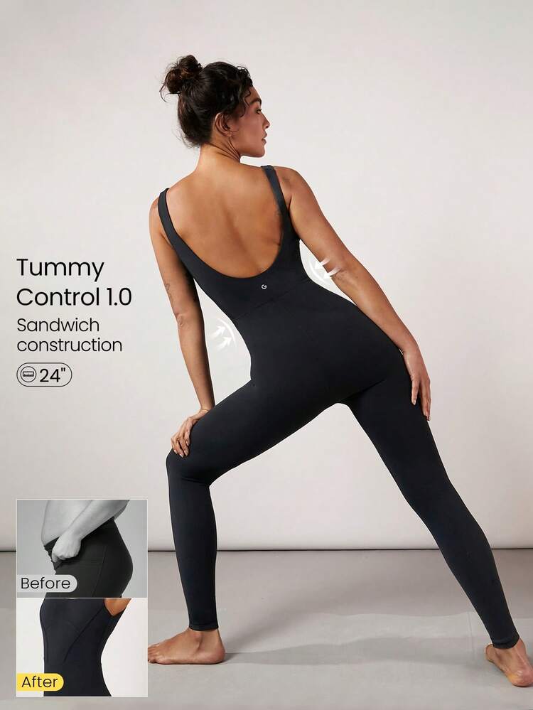 24" FeatherFit™ Tummy Control Open Back Gym Yoga Pilates Sports Jumpsuit Bodysuit Elegant For Woman