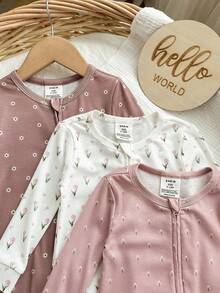 Babygirl Cute Casual Knitted Ditsy Floral Stretchy Pink Long Sleeve Jumpsuit Bodysuit Loungewear