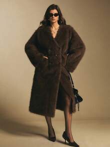Poéselle Women's Solid Color Long Sleeve Double-Breasted Long Loose Casual Faux Fur Coat, Chocolate Brown Faux Fur Maxi Coat – Elegant Longline Winter Outerwear For Women, Holiday & New Year 2025 Statement, Cosy Winter Ideas, Baddie Street Style, Christmas Party Coat, Luxury For Women, , 70s , 70s Fashion - Brown - View 6