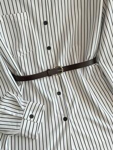 Franclia Women's Elegant Fashionable And Simple Casual Commuting Wear Inner And Outer Wear Black And White Shirt With Striped Fabric And Belt, Women's Elegant Casual New Year's Blouse