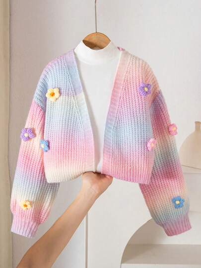 كارديجان مصنوع يدويًا بزهور نمط مُحبوك، معطف صوفي قصير بأكمام فانوس جميل للبنات