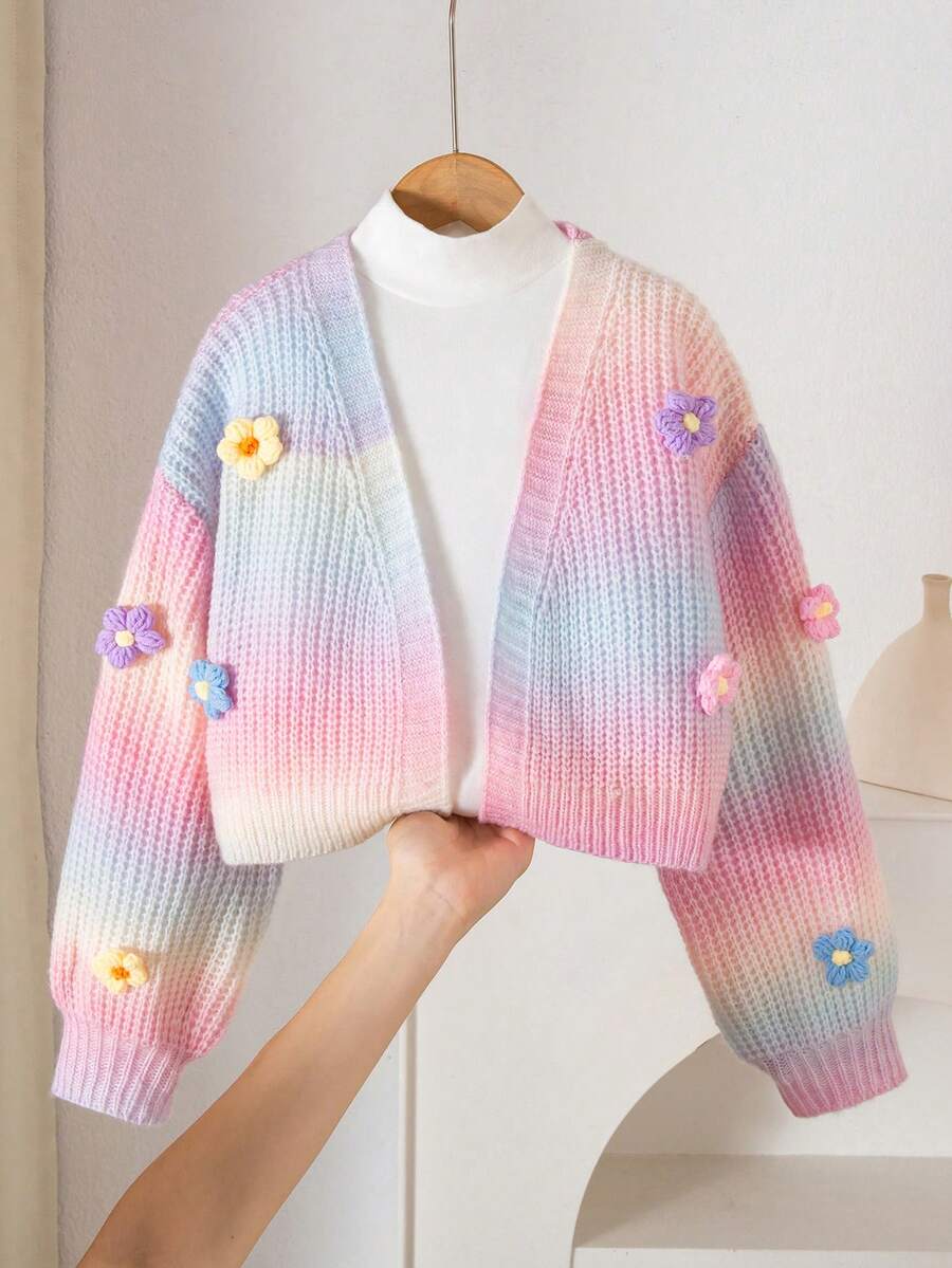 Cárdigan de flores tejido a mano con diseño arcoíris, abrigo de suéter con mangas cortas de farol lindo para niñas - Multicolor - Ver 1