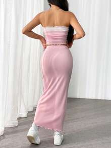 Flirla 女性時尚蝴蝶結和蕾絲裝飾的無肩帶上衣和裙子套裝 - 粉色 - 查看 2