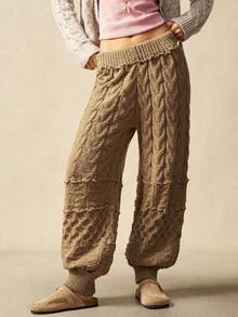 Bohemela 女式冬季粗针织拼布裤 - 卡其色 - 查看 4