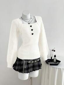 Elamini 可爱心形休闲百搭女式毛衣 - 米色 - 查看 4