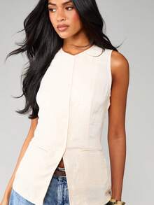 MISSGUIDED Chaleco sin mangas de lino con bolsillos y estilo de blazer profesional - Caqui - Ver 5